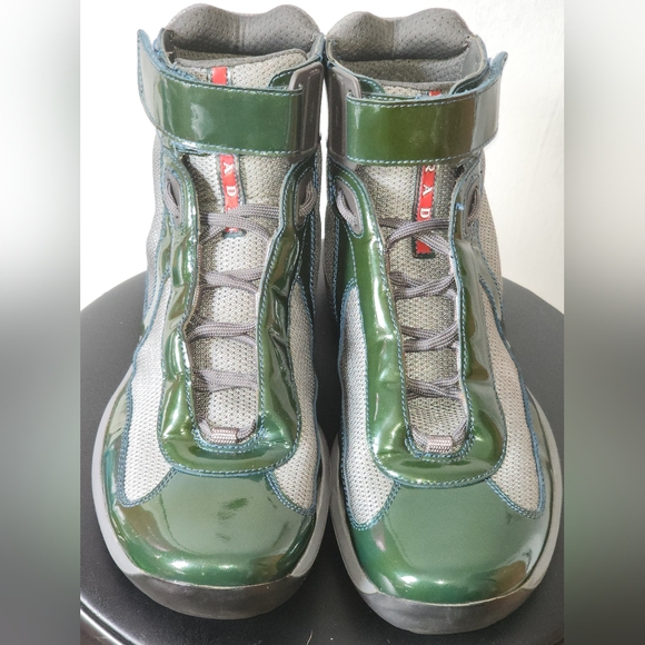 Vtg High Top Prada Americas Cup Sneakers Black n green Patent Leather - Picture 1 of 4